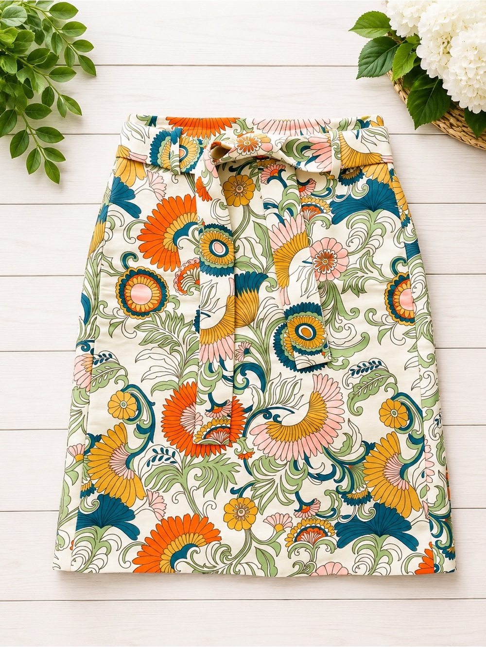 J.Crew Belted Pencil Skirt Size 0 Floral Print Cream Multicolor